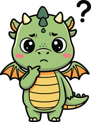 Obraz premium Cute Cartoon Dragon Character with Question Mark, Expressing Curiosity for Kids' Illustrations, Toys, and Educational Designs