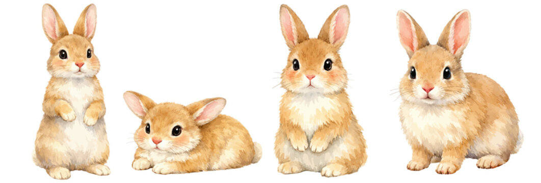 A charming watercolor collection of cute rabbits and fluffy bunny characters for animal illustrations and nursery design.