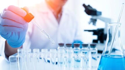 Fototapeta premium Scientist in laboratory uses pipette to carefully dispense liquid into test tubes for research analysis