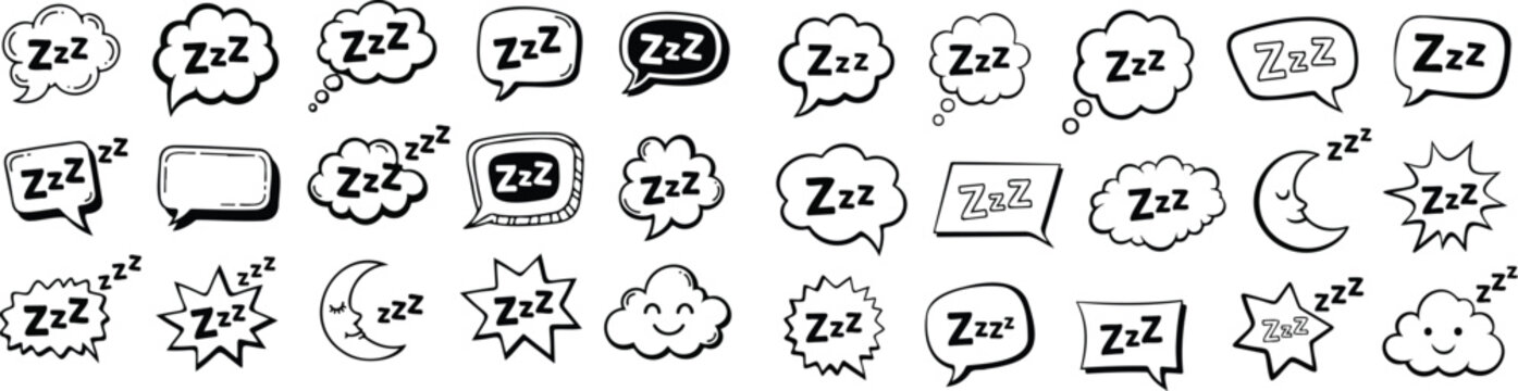 Sleep zzz icon. Snore bubble with cartoon cloud, line emoji for dreamy and relaxed vector set. Hand drawn bed and nap symbol for insomnia, bedtime app. Slumber, deep rest message