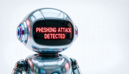 3D render of a cute AI robot alertly displaying 