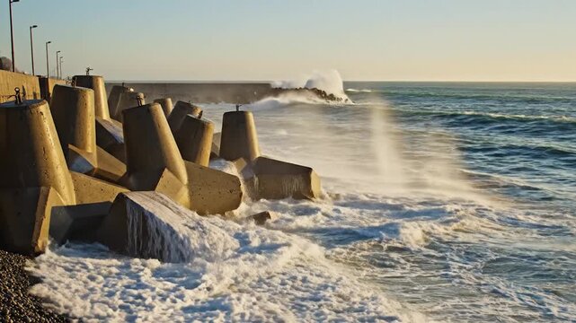 Waves crash against concrete tetrapods on a y coastline at golden hour.