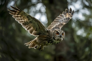 Owl in flight with wings spread, captured in a forested environment