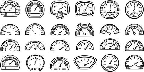 Automotive Speedometer and Gauge Icons Set. Black and White Line Art Collection of Vehicle Dashboard Indicators, Car Speed, and Measurement Meters.