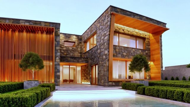 Impressive luxury modern contemporary villa showcasing stunning natural stone facade warm wooden accents and serene reflective pool area design.