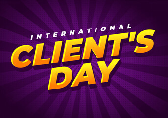 Bold 3d yellow text reading clients day with smaller white international above, set on purple radial burst background with halftone dots, dramatic comic style design