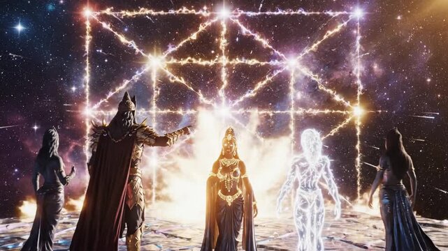 Goddess in ceremonial attire stands among imprisoned titan and ethereal figures in cosmic arena