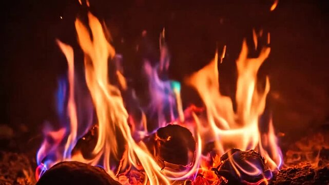 Vibrant flames dance with glowing embers and sparks in a dark setting