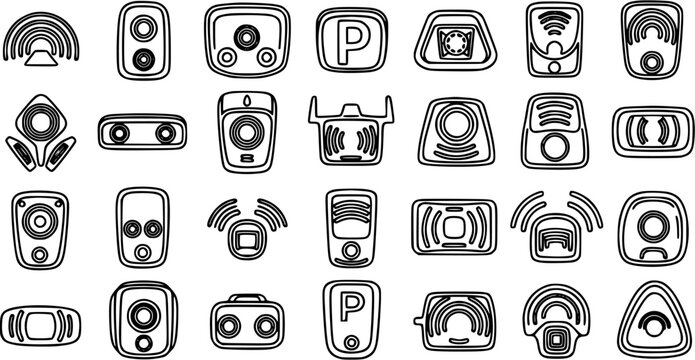 Automotive Car Sensors and Smart Vehicle Technology Black Line Art Icons Set. Vehicle Parking Assist, Rearview Cameras, Radar, Lidar, and ADAS Outline Symbols.