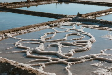 Fototapeta premium Salt evaporation ponds with crystallized salt patterns along the edges