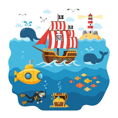 Naklejka premium Pirate Ship, Submarine, Diver, Treasure Chest, Whales, Lighthouse, Ocean Adventure
