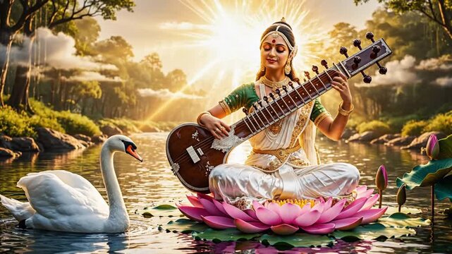 Goddess saraswati playing veena on sports car with river light and swan