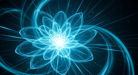 Obraz premium Glowing blue flower like shape with radiant lines and curves on dark background abstract design