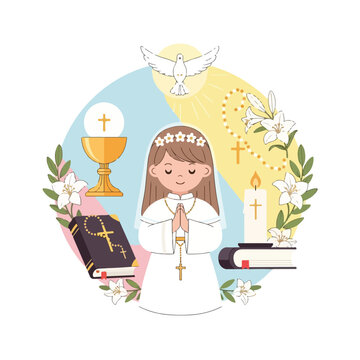 A young girl in white, praying, surrounded by religious symbols and flowers
