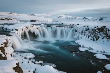 Obraz premium Snow-covered waterfall in a frozen landscape with icy cliffs and distant mountains under a cloudy sky