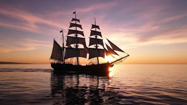 Majestic tall ship sails on calm ocean waters at sunset under a vibrant sky