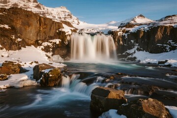 Obraz premium Snow-covered mountain landscape with cascading waterfall and rocky terrain