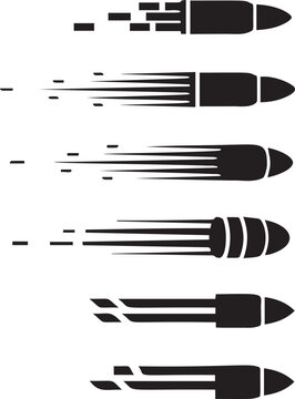 Flying bullet silhouettes with motion blur trails showing speed and impact direction for ammunition ballistic graphic design assets