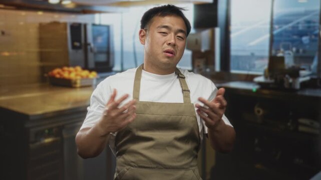 Chinese man wearing apron gestures with open hands in kitchen building interior; explanation communication serenity.