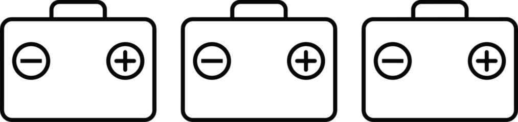 Obraz premium Battery icon collection featuring black silhouettes with positive and negative terminals, electrical energy storage symbols for power supply, circuit design, and vector illustrations