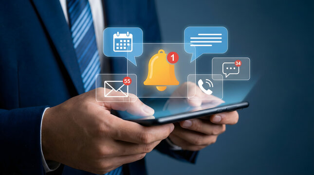 A professional in a blue suit uses a smartphone with numerous holographic notifications for messages calls and calendar events appearing over the scre