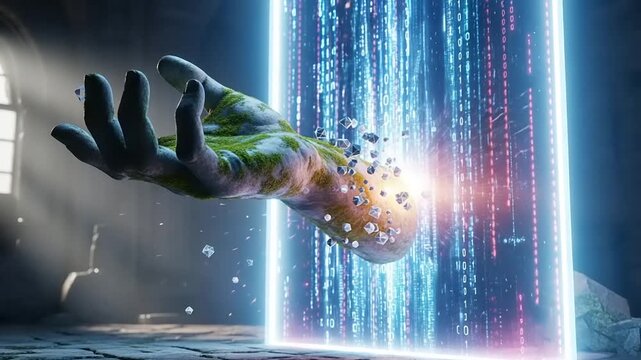 Digital Portal Transformation Concept with Human Hand.