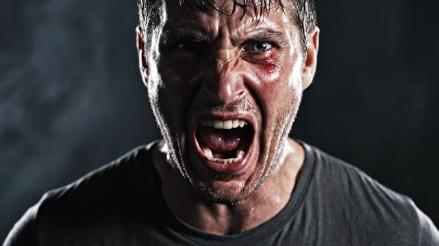 Angry man with bruised face shouting aggressively in dark.