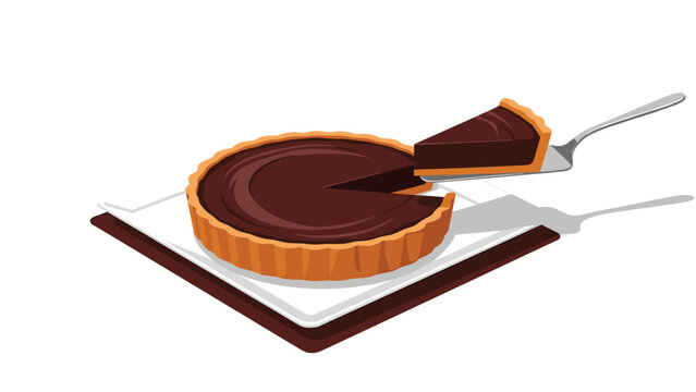 Delicious dark chocolate tart on a square white plate with one perfect slice being lifted by a silver cake server on white background.