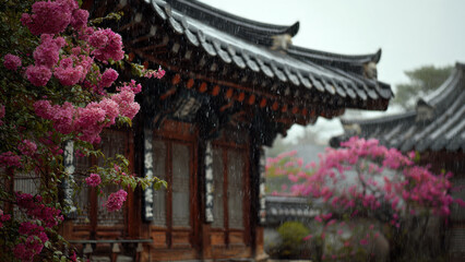 Fototapeta premium japanese garden at night with flowers