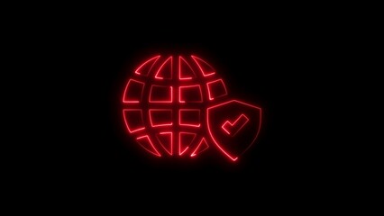 Vibrant Red Neon Globe and Shield Icon on Black Background Symbolizing Internet Safety and Cybersecurity