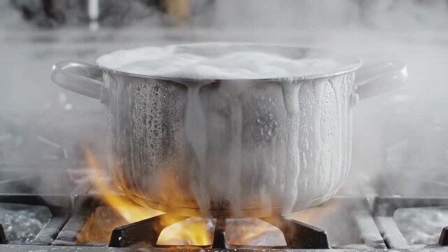 Boiling Pot on Gas Stove with Flames and Steam.