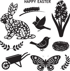 Happy Easter Decorative Spring Elements with Bunny Bird Nest Butterfly and Flowers Vector Set