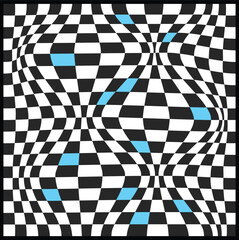Obraz premium Abstract Warped Checkerboard Pattern with Blue Squares, Distorted Optical Illusion Grid Background