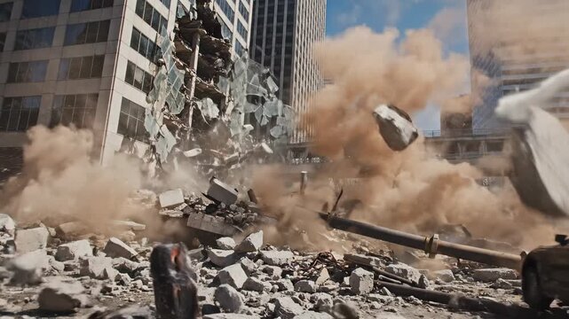Building demolition with debris and dust in urban environment.