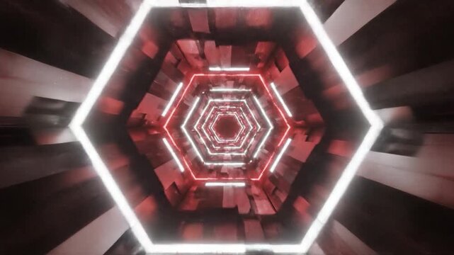 Glowing hexagonal neon lights illuminate a futuristic abstract tunnel.