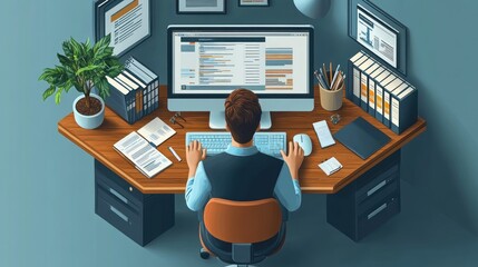 Fototapeta premium Programmer coding at desk, office, documents, top view, website design