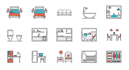 Fototapeta premium Collection of various home interior design icons including furniture for the bedroom, kitchen, bathroom, and living room.