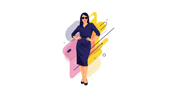 Fashionable woman in a dark blue dress and sunglasses posing confidently against a vibrant abstract geometric background.