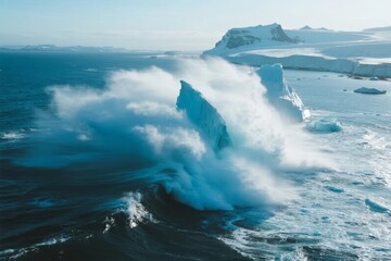 Iceberg calving in polar ocean with dramatic splash and surrounding ice formations