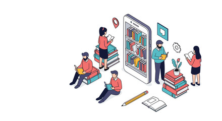 Fototapeta premium Group of people reading physical books around a giant smartphone that acts as a digital library or ebook shelf.
