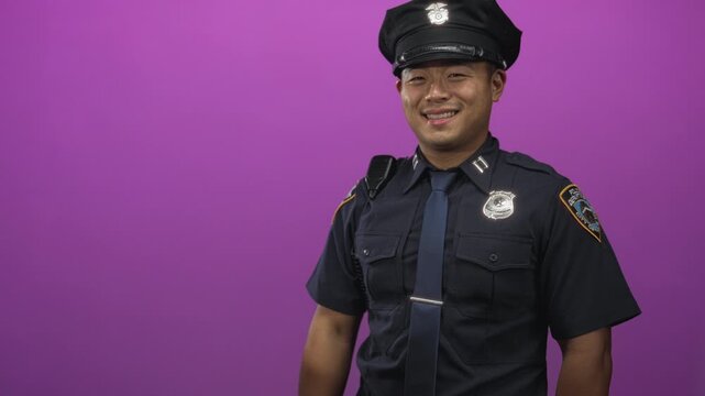 Young chinese man tipping police hat with a friendly smile in a vibrant studio portrait wearing uniform; pride.