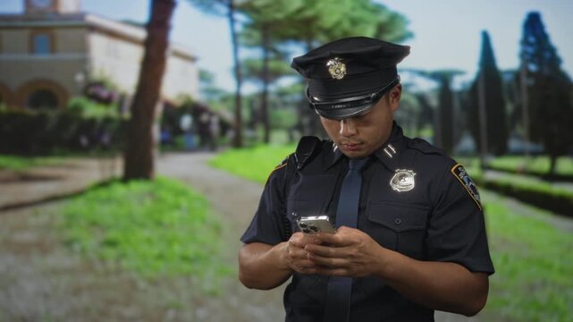 Young chinese policeman checking smartphone in building near green park path lined with trimmed hedges under sunlight; duty.