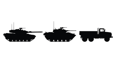 A stark black silhouette depicts a tank armored vehicle and military truck formation silhouette high quality © AL-AMIN