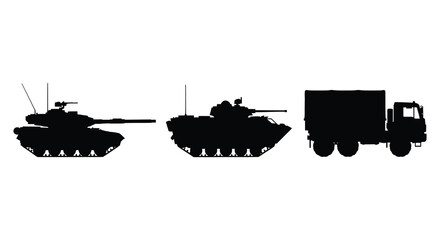 A stark depiction of military vehicles including tanks and a truck presented as a silhouette © AL-AMIN