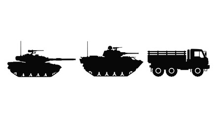 A stark black silhouette depicting a military convoy with tanks and a transport vehicle silhouette © AL-AMIN