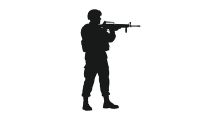 A soldier stands in a shooting stance weapon extended depicted as a dark silhouette high quality © AL-AMIN