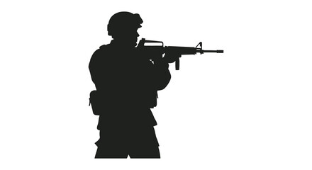 A soldier stands armed with a rifle viewed in profile against a bright background silhouette © AL-AMIN