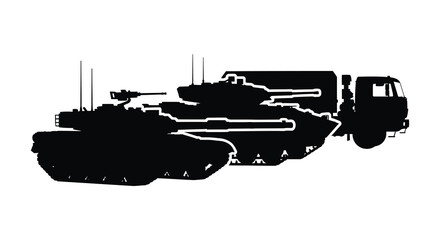 A stark black silhouette of a military tank with detailed features and a powerful presence silhouette © AL-AMIN