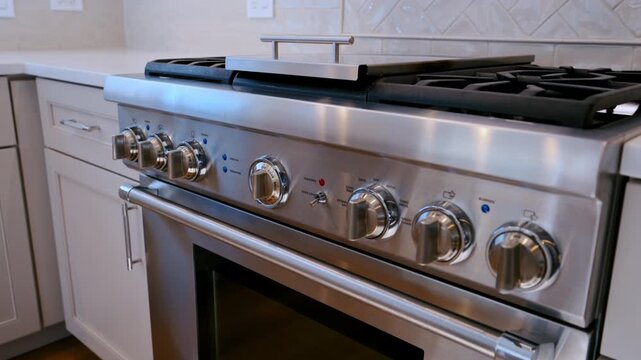 Stainless steel gas stove with control knobs in a modern residential kitchen. Close view of cooking appliance and contemporary home interior.