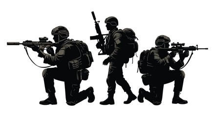 Three soldiers in tactical gear positioned for combat depicted as a striking silhouette high quality professional © AL-AMIN